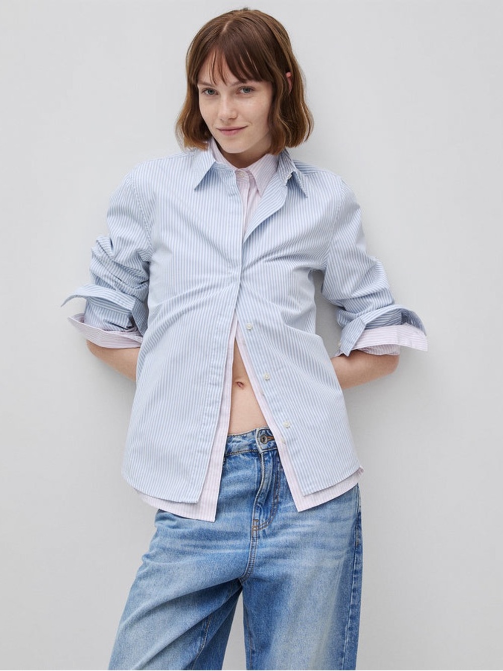 United Colors Of Benetton Light Blue and White Striped Dress Shirt Button Up